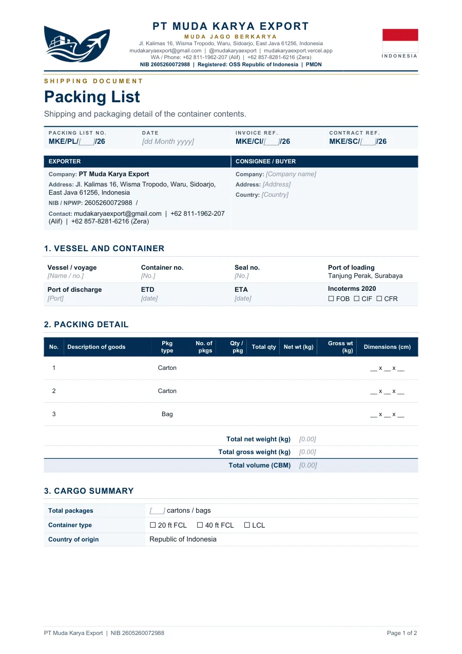 Sample first page of the Packing List template