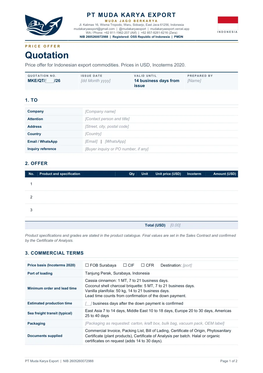 Sample first page of the Quotation template